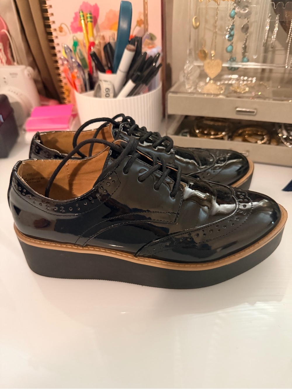 Madden Girl Black Patent Platform Oxford Flats